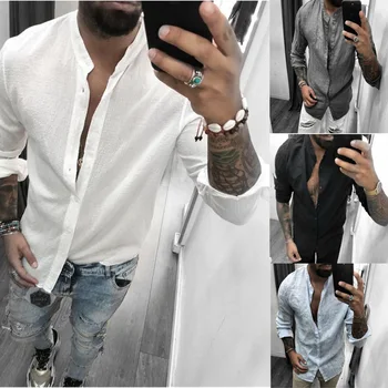 

Plus Size Shirts Men Blouse Plain Long Sleeve Shirt Mens Breathable Tops High Fashions Clothes Males Casual Top Slim Fit Blouses