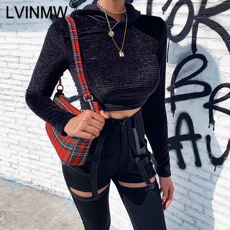 LVINMW, повседневная, черная, в полоску, с длинным рукавом, облегающая, укороченная, с капюшоном, Осень-зима, женская мода, облегающие топы, женская уличная одежда, топы