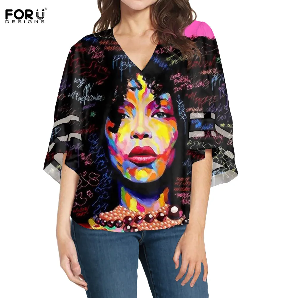 

FORUDEGINS WOmen Summer 3/4 Sleeves Blouses Sexy Women Hair Art Printing Comfort Party Beach V-Neck Patchwork Tops And Shirts