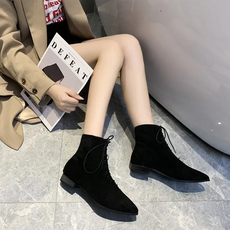 

2019 Autumn And Winter New Style British Style Women's Pointed-Toe Lace-up Chunky-Heel Fashion Martin Boots Women's Suede Snow B