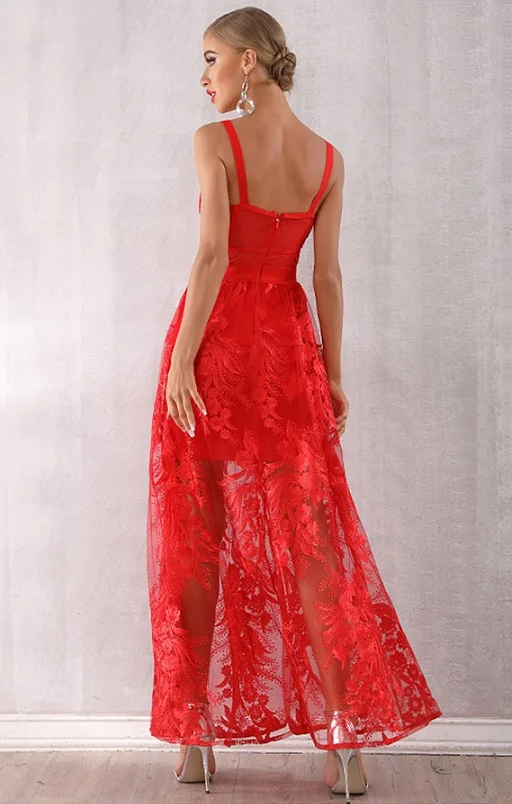 Для женщин летние Бандажное облегающее для вечеринки Платье Vestidos сексуальное кружевное платье без рукавов на бретельках, Vestidos, Элегантное Длинное Красное платье СПД