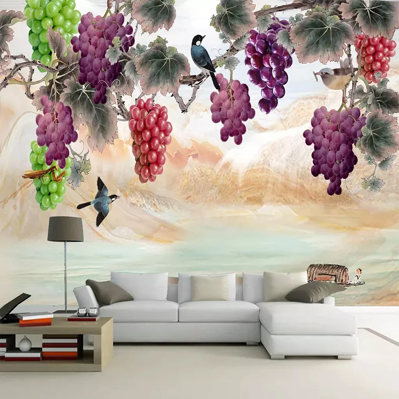 Custom-3D-Wall-Murals-Wallpaper-New-Chinese-Style-Hand-Painted-Purple-Grape-Flowers-Birds-Art-Wall (1)