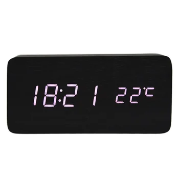 

【Voice Control Calendar Thermometer】Rectangle Wood Wooden LED Digital Alarm Clock USB/AAA Black Wood White LED