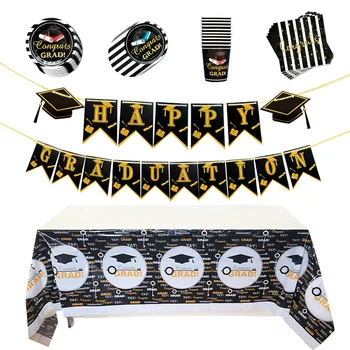 

46pcs in 1 Set Graduation Party Disposable Tableware Banner Set Colorful Printing Table Cloth Paper Cup Plates Napkins Dinnerwar