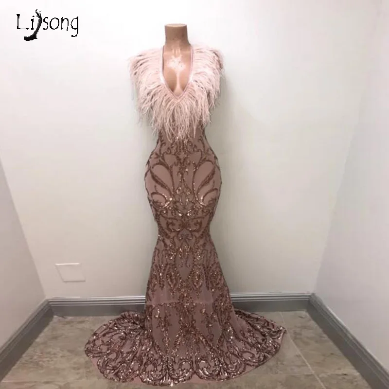 Fashion V Neck Evening Formal Dresses Long Mermaid Sequin Appliques Feather Luxury Bling Evening Gown Vestido De Festa Longo