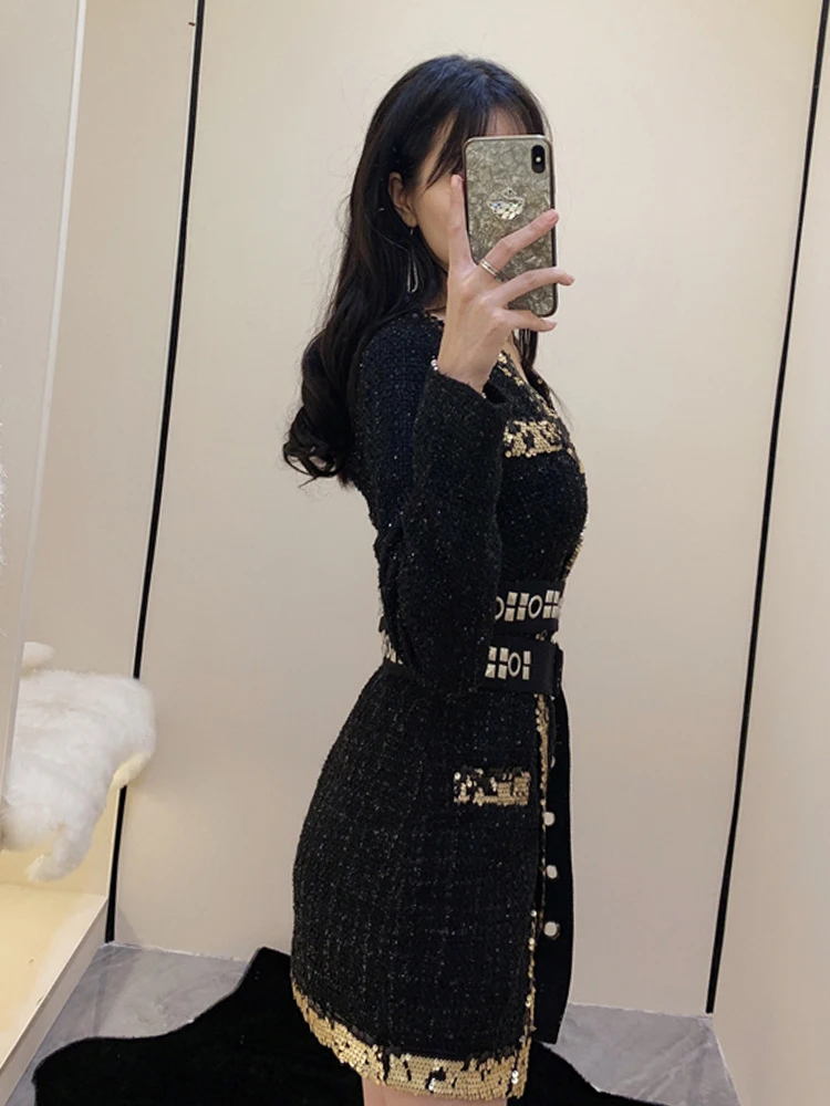 Little fragrant sequins sequins hit color tweed coat lady autumn and winter personality straps waist irregular woolen coat