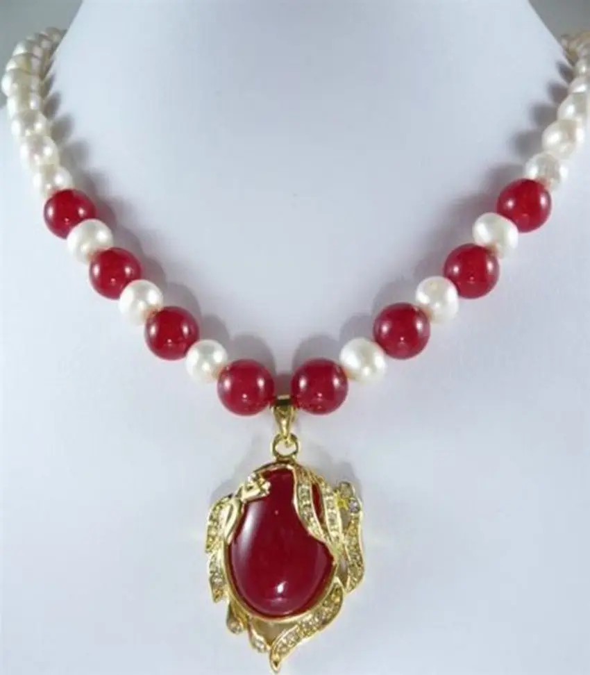 DYY FREE shipping>Elegant 7-8mm White Akoya Cultured Pearl red stone Necklace 6.07