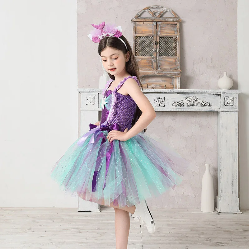 Mermaid Teal and Pearls Sparkly Tutu Dress for Girls Birthday Party Pageant Princess Dresses Kids Starfish Halloween Costume (5)