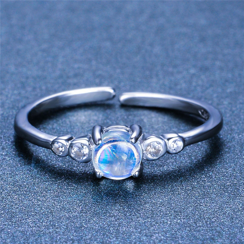 

Cute Female Small Round Natural Moonstone Ring 100% Real 925 Sterling Silver Adjustable Ring Promise Engagement Rings For Women