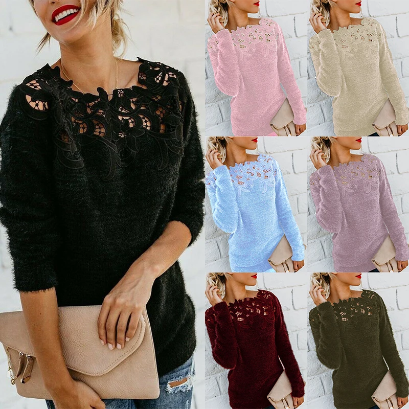 Women Fluffy Sweater Jumper Long Sleeve Casual Patchwork Pullover Blouse Tops | Женская одежда