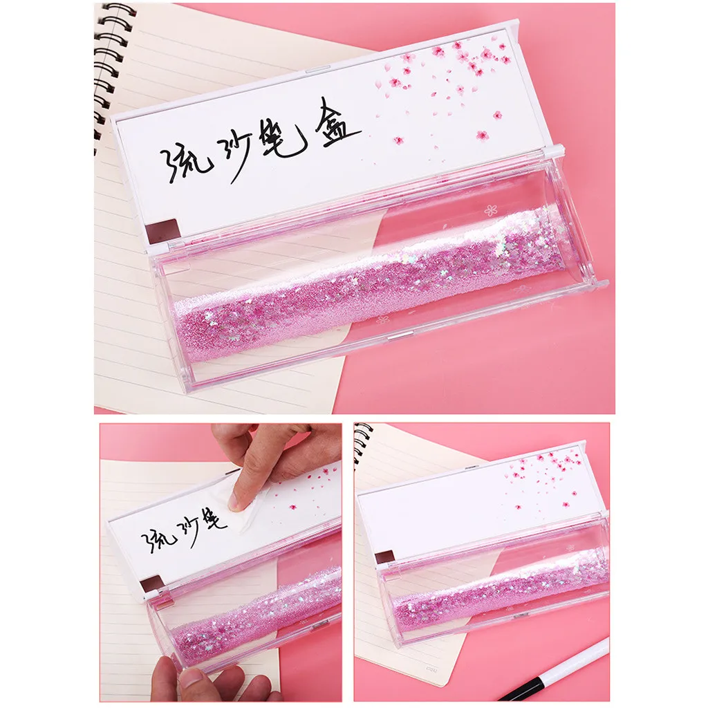 Прозрачный креативный Многофункциональный цилиндрический пенал для карандашей Quicksand, чехол, школьные канцелярские принадлежности, держатель для ручек, розовый, синий, калькулятор