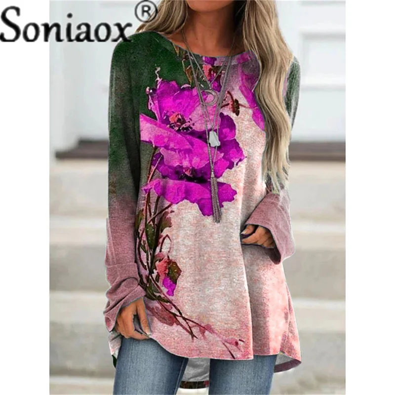 2021 Autumn Women T Shirt Fashion Long Sleeve 3D Floral Printed Ladies Shirt Tops Streetwear Loose Casual Long T Shirts Pullover