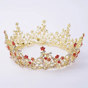 

Baroque Retro Diadem Queen Round Crown Luxury Crystal Big Tiaras and Crown Bridal Headband Wedding Prom Pearl Crown Hair Jewelry