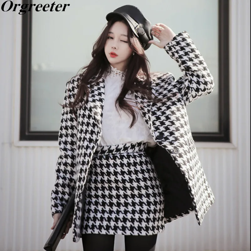 

Autumn Winter New Houndstooth Woolen Suit Women Turn-down collar Tweed Blazer and Bodycon Mini Skirt 2 Piece Set OL Work Wear