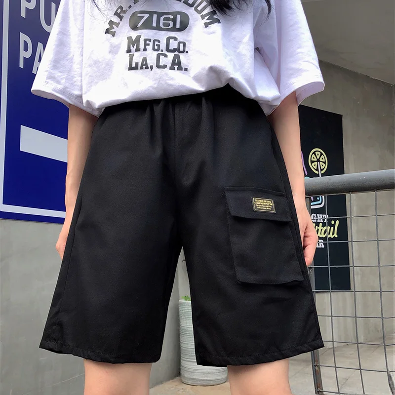 Шорты женские Карго карманы Свободные Harajuku корейский Стиль Уличная унисекс эластичная талия простая Студенческая Женская Повседневная Универсальная