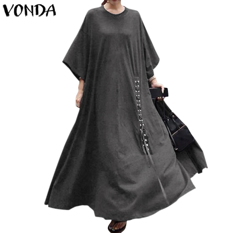 Модные женские летние сарафаны VONDA Лоскутные толстовки с расклешенными рукавами платья для женщин размера плюс длинные макси платья S-5XL - Цвет: Grey
