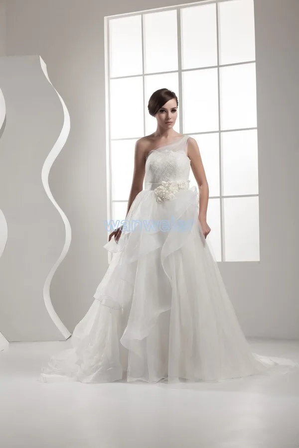 

free shipping 2014 design with train long dress good quality custom size/color ball gown one shoulder white/ivory wedding dress