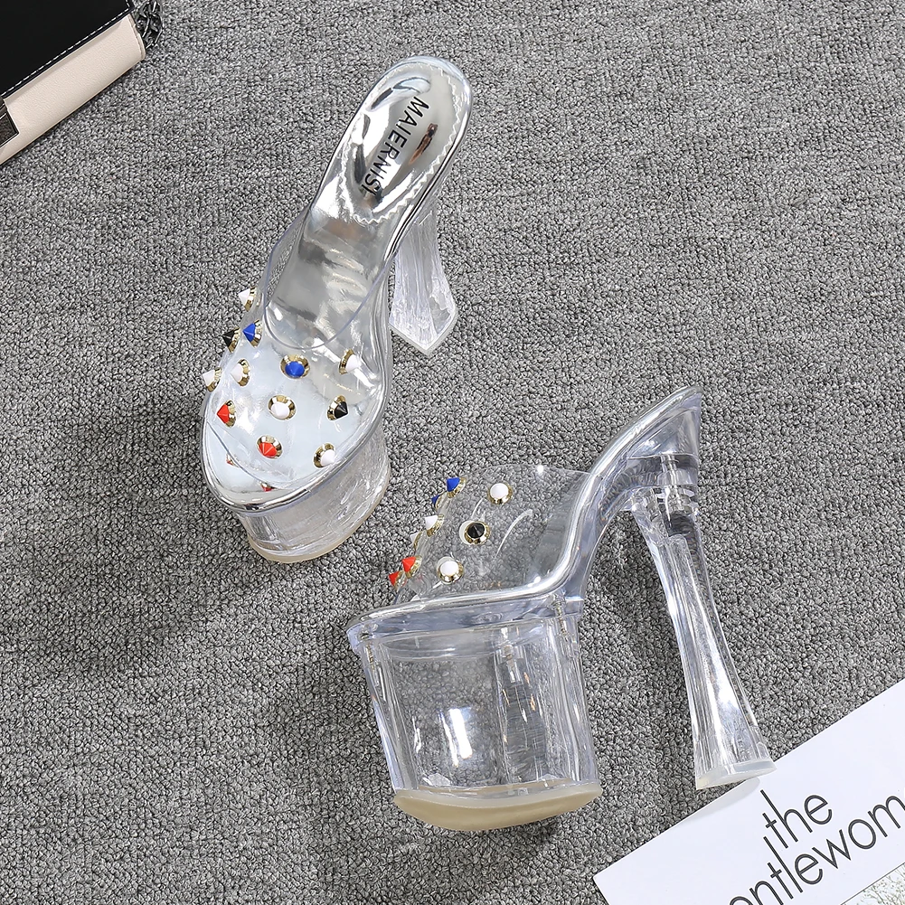 

High Heels Jewelry Small round Chunky-Heel Women's Sandals Clear Transparent Platform Ladies Shoes Big Sizes Clear Heels PVC
