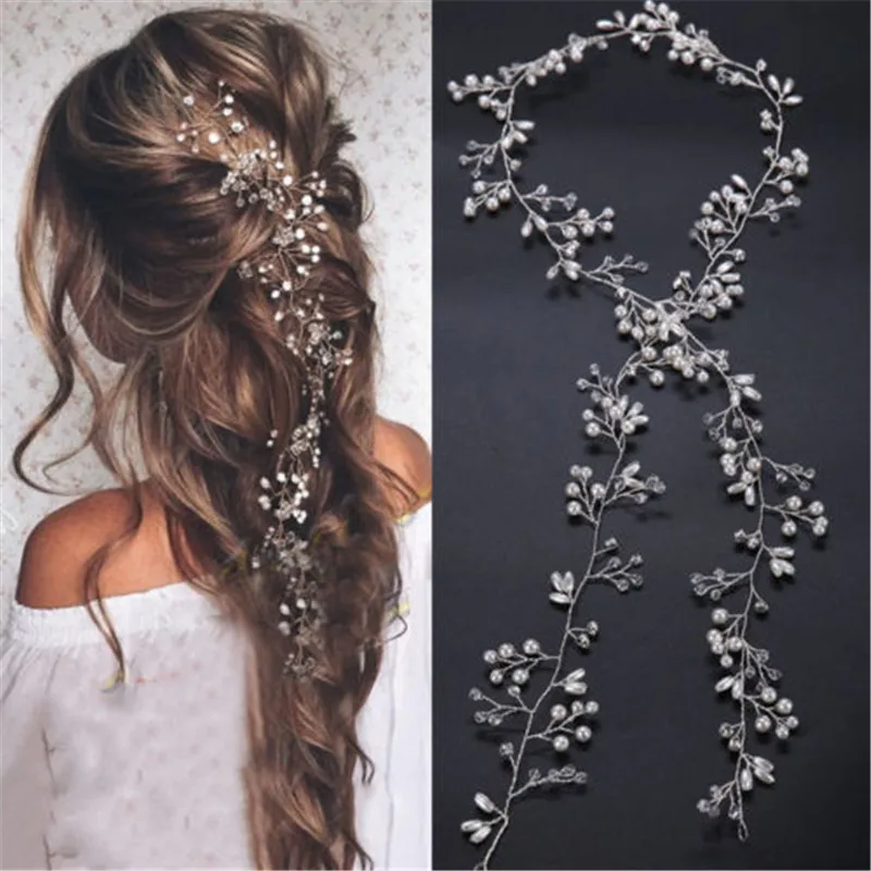 European Bridal Luxury Long Pearl Crystal Flower Headbands Hairband Silver Gold Wedding Hair Vine Handmade Women Chain Headband |