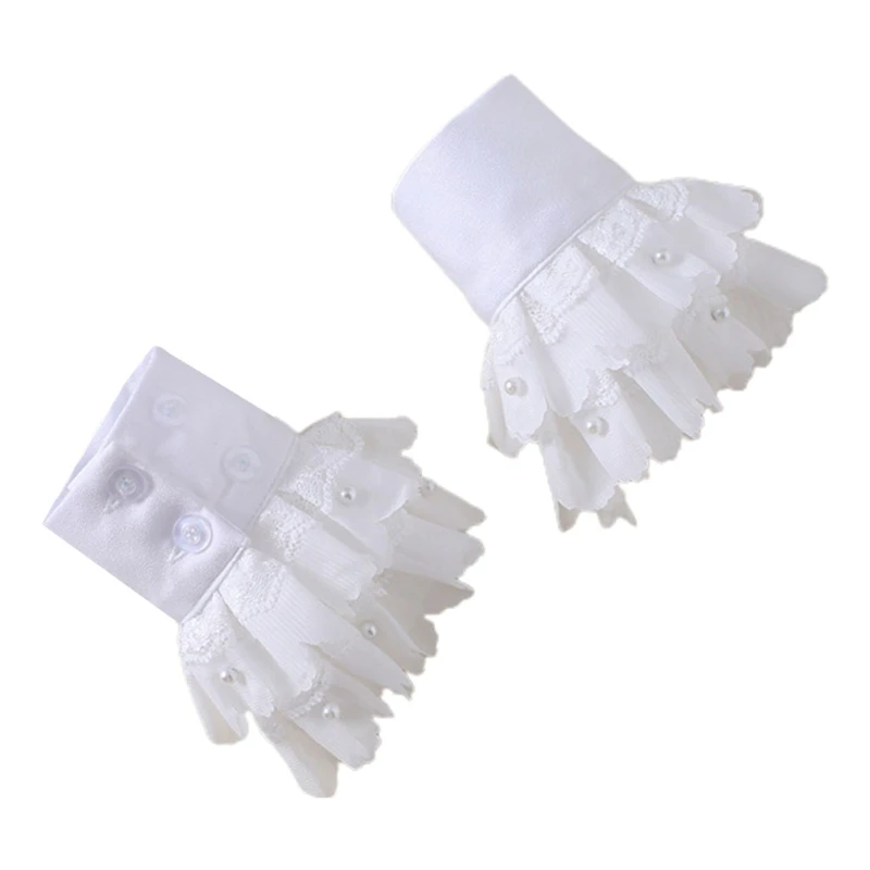 Ladies Double Layer Detachable Cuffs Ruffles Lace Pearl Beading Fake Sleeves F3MF |