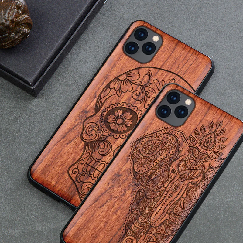 Резной чехол из натурального дерева для iPhone 11 деревянный ТПУ Рамка череп волна Флора чехол для iPhone 11 Pro Max 7 8 Plus iPhone XS Max X XR XS
