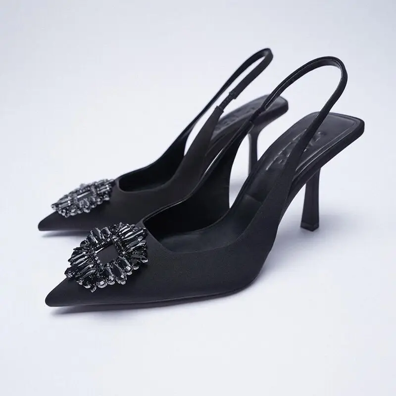 TRAF Women Black Heels 2022 Summer Rhinestone Party High Heel Pump Pointed  Toe Mules Female Elegant Slingback Sandals