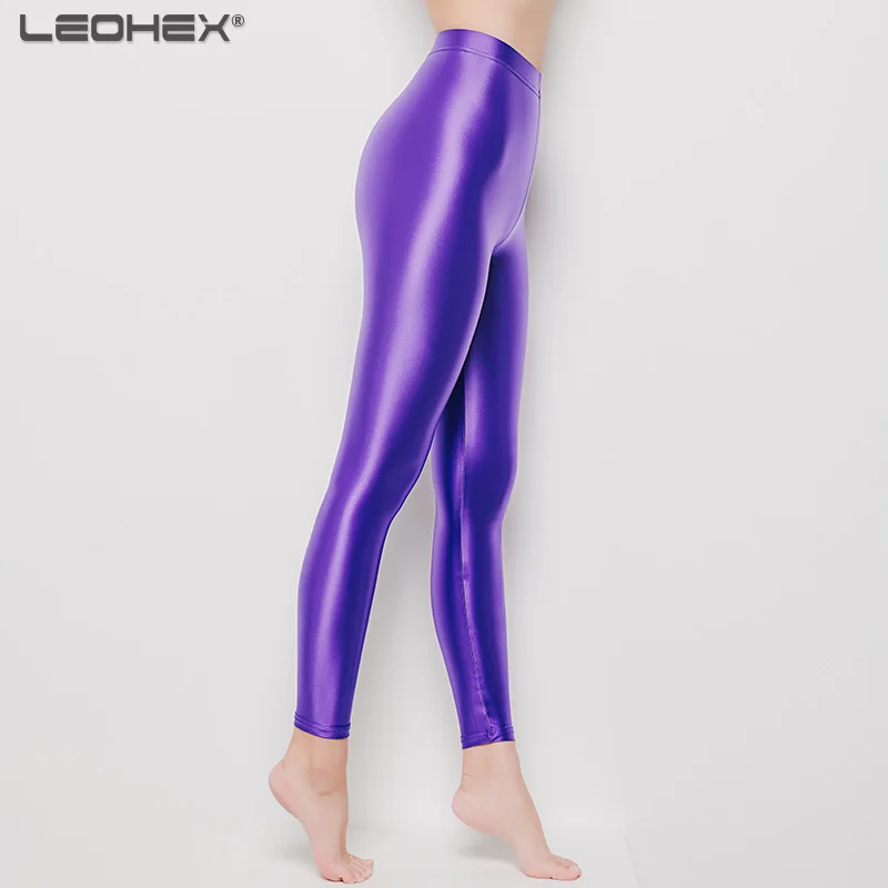 Legging-Purple LEOHEX, атласные глянцевые трико, сексуальное бикини с высокой посадкой, стринги, боди, Женский Блестящий Цельный купальник, купальный костюм - Цвет: Legging-Purple