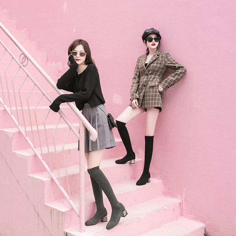 

Sooneeya Special Square Toe Long Boots Women Stretch High Quality Sexy Sock Shoes Ladies Mid Heel Long College Socks Boots Woman