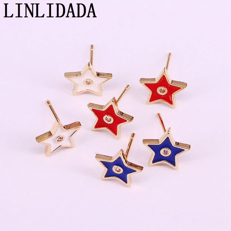 10Pair enamel Star Stud Earrings For Women with Clear CZ Earrings white red blue Jewelry cute Gift