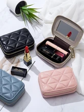  Genuine Leather Ladies Lipstick Bag EDC Earphone Organizer Coin Wallet Excellent Leather Mini Makeup Case Mirror Lipstick Pocket 