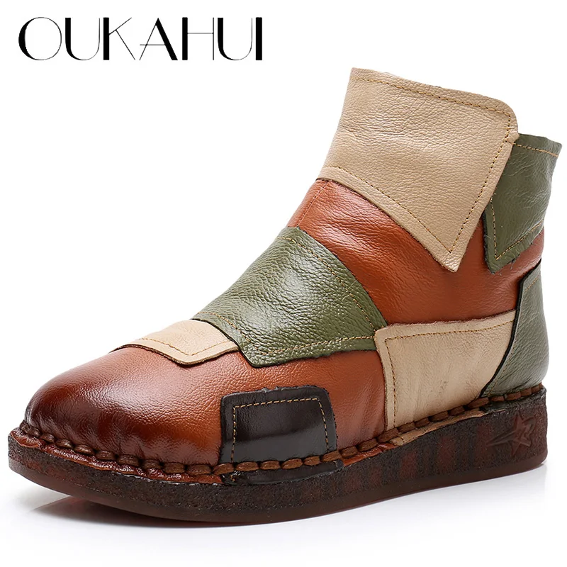 

OUKAHUI Autumn Warm Vintage Genuine Leather Ankle Boots For Women Winter Casual Shoes Mixed Colour Slip-On Short Boots For Lady