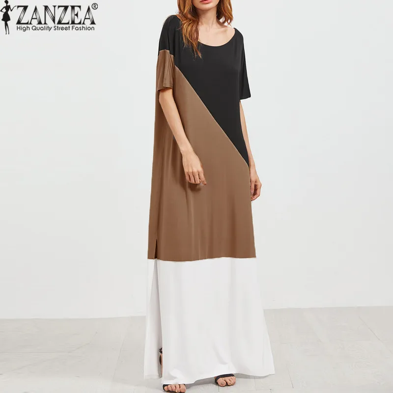 ZANZEA, женское Лоскутное Длинное Макси платье, повседневное, короткий рукав, Vestidos, элегантное, с круглым вырезом, Пляжное, для вечеринки, сарафан, кафтан, халат для женщин