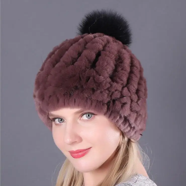 Brown hats Зимние шапки для женщин, модные Серые толстые теплые вязаные шапки с натуральным кроличьим лисьим мехом, шапки с помпонами, аксессуары для девочек, шапки Skullies - Цвет: Brown hats