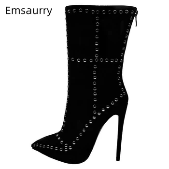 

Black Suede Autumn Winter Runway Boots Women Stiletto Heel Pointed Toe Rivet Decor Back Zipper Short Booties For Woman