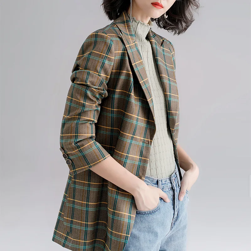 

2019 Autumn New Style Green Plaid Suit Autumn And Winter Coat Women's
