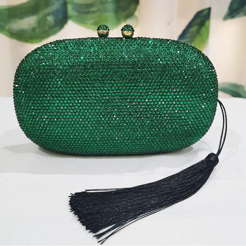 Bolsos de noche con diamantes verdes, carteras de mano con borlas negras para fiesta de graduación, cadena larga para teléfono de boda| - AliExpress