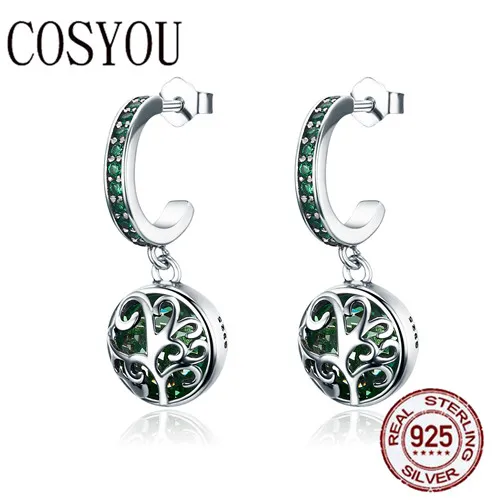 

COSYOU Hot Sale 100% 925 Sterling Silver Green Crystal Tree of Life Tree Leaves Drop Earrings for Women Fashion Jewelry SCE280