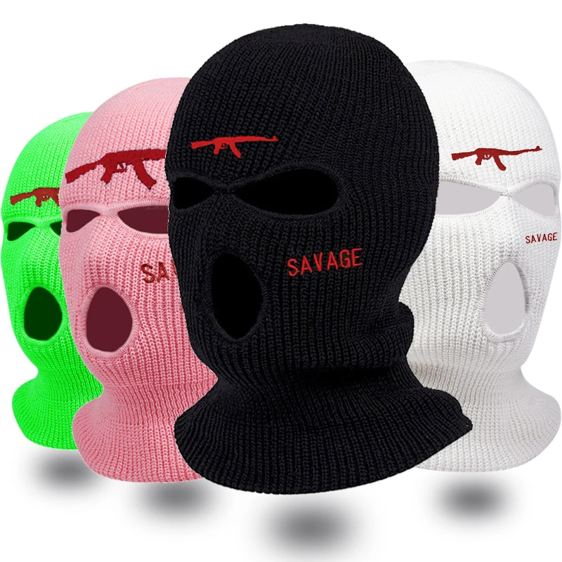 grey skully hat 2022 New 3-Hole Knitted Full Face Covering Embroidery AK47 Ski Mask Adult Warm Winter Cycling Balaclava for Outdoor Sports Gift best beanies for men