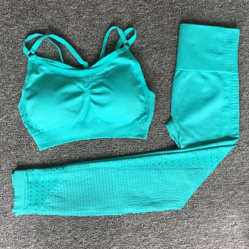 

Women Seamless Yoga Sets High Waist Gym Mesh Leggings Bra Tops Suit Strappy Fitness Workout Sport Running Sportswear Yoga Sets