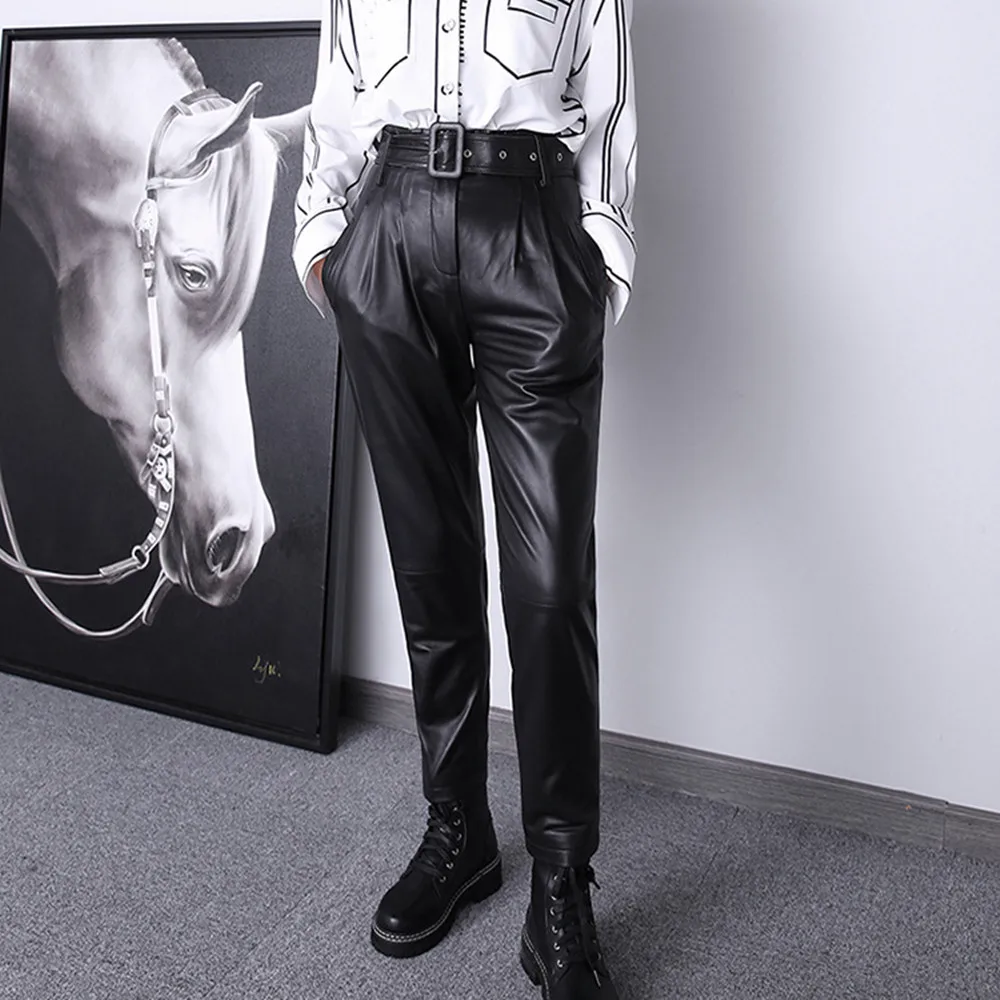 

Autumn Winter New Desinger Women's High-rise Leather pants Hot Chic Genuine Leather Belt Pencil pants C537