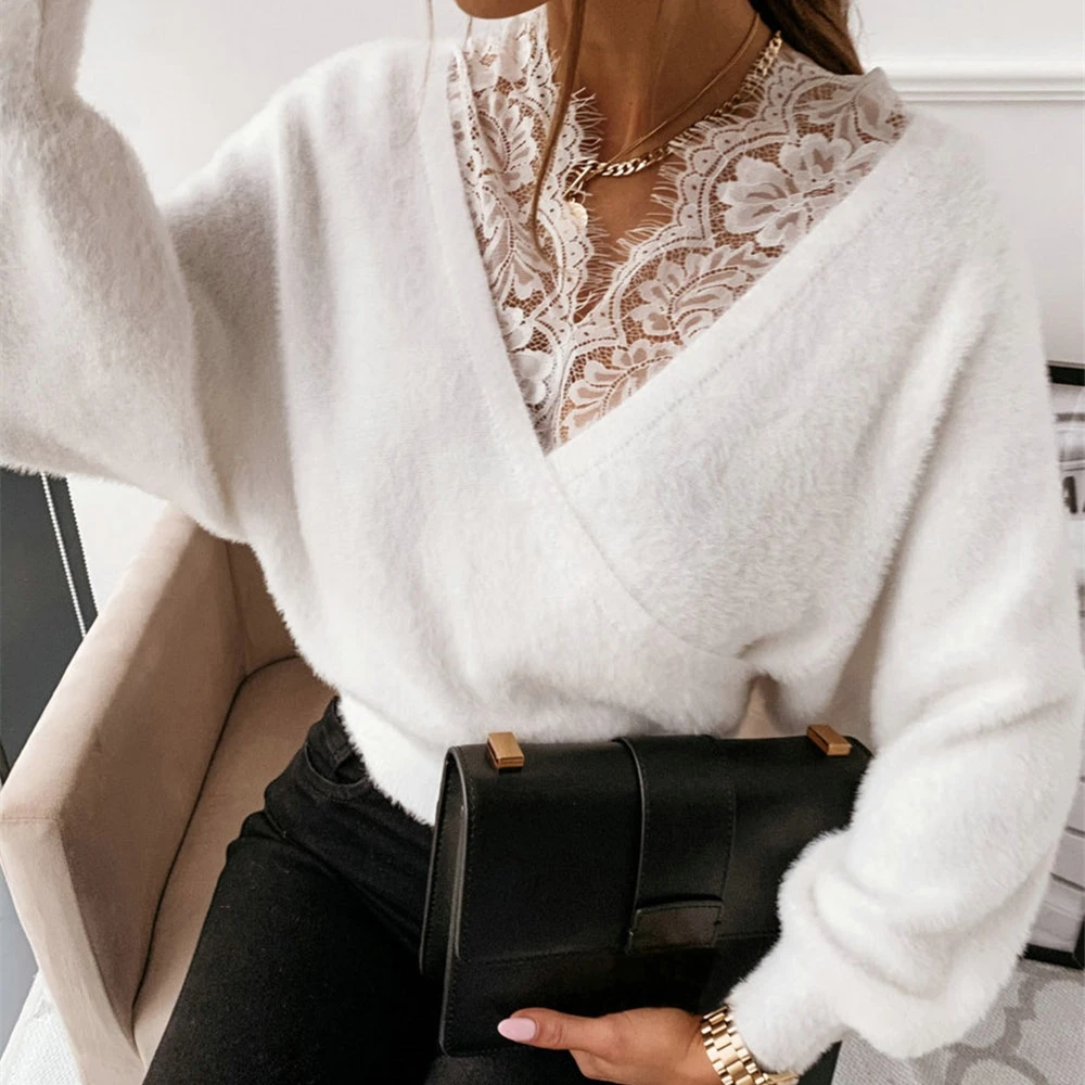 yellow sweater Fall Elegant Plush Sweater Solid Color Lace Splicing V-Neck Long Sleeve Stretch Crop Pullover Women Ladies Fashion Wild Clothes woolen sweater Sweaters