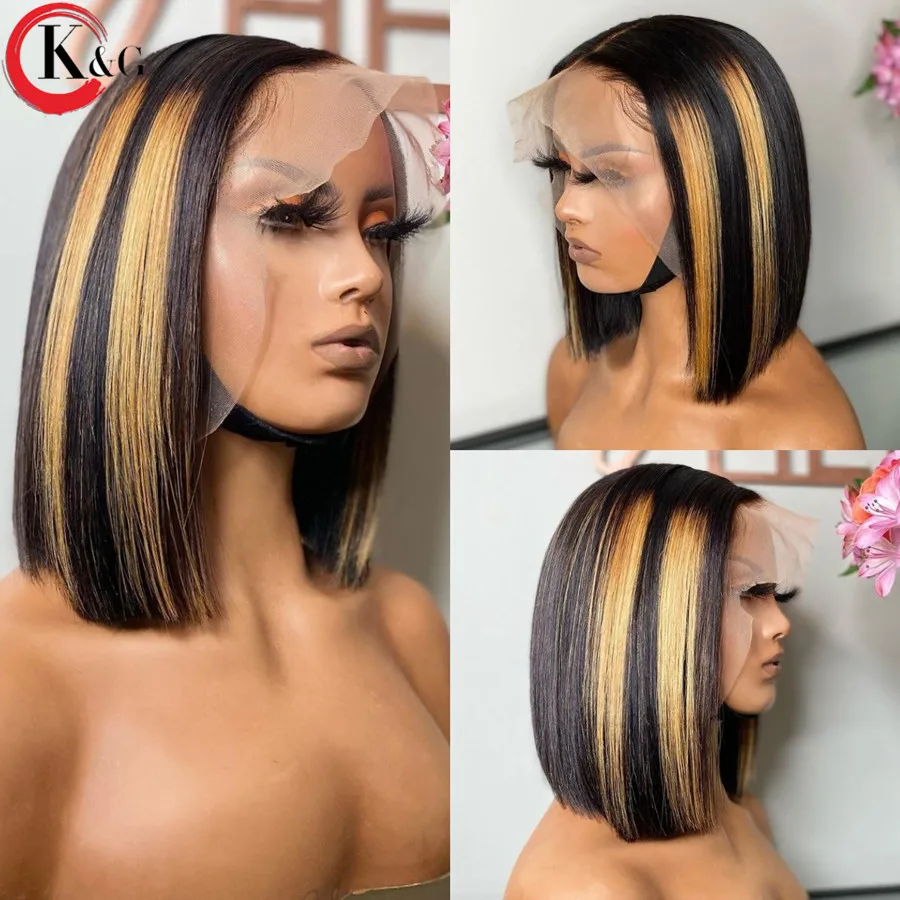 KUNGANG-Peluca de cabello humano con cierre frontal para mujer, postizo de encaje, corte Bob corto, pelo brasileño con densidad de 150%, no Remy