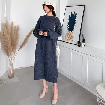 

LANMREM Solid Color Crew Neck Pullover Long Dress Women 2020 Spring New Loose Leisure Korean Version Knit Sweater Female PC437