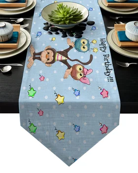 

Cartoon Owl Monkey With Happy Birthday Table Runner Table Flag Home Party Decorative Tablecloth Table Runners for Wedding
