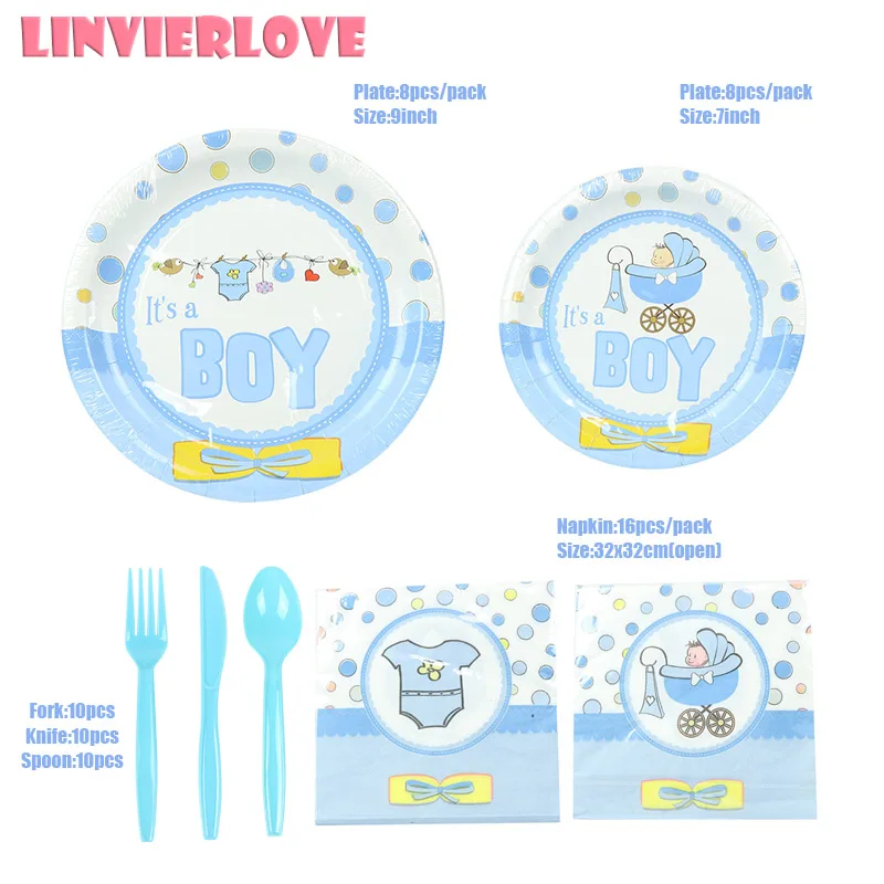 LINVIERLOVE 32ps It's мальчик девочка ребенок душ набор для детей пол раскрывает бумажные баннеры салфетки одноразовые столовые приборы