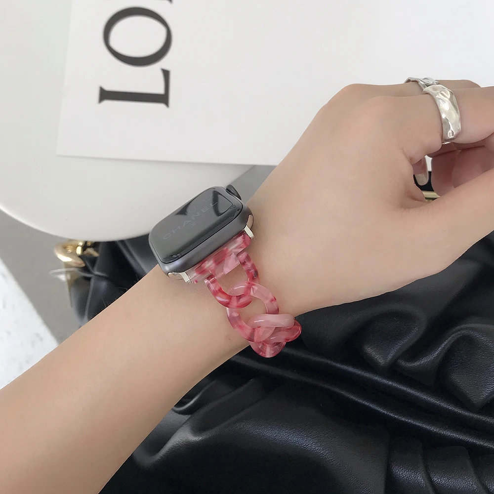 Resin Watch strap for apple watch 6 5 4 band 42mm 38mm correa transparent steel  watchband 44mm 40mm for iwatch 6 series 5 4 3/2