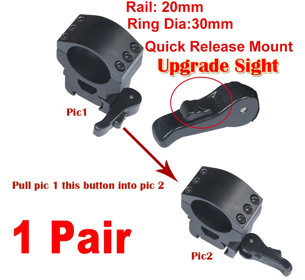 Rifle Scope Mount Ring 2 Pcs 20mm Rail Picatinny 30mm / 25.4mm QD Quick Release Flashlight Laser Pistol