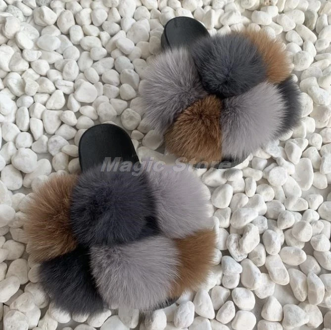 

Furry Slippers Women Fox Fur Slides Summer Fluffy Woman Shoes Home Cute Plush Sandals Indoor Mixed Raccoon Fur Flat Slipper