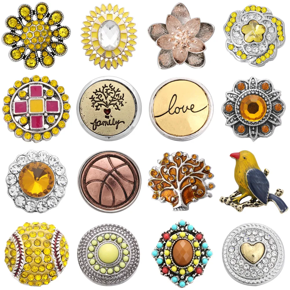 

5pcs/lot Wholesale Metal 18mm Snap Jewelry Rhinestone Yellow Crystal Snap Button Fit 18mm Snap Buttons Bracelet Snaps Necklace