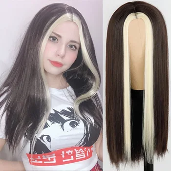 

Black Long Straight Wig Both Sides Gold Synthetic Wig Natural Middle Part Heat Resistant For Women Wigs